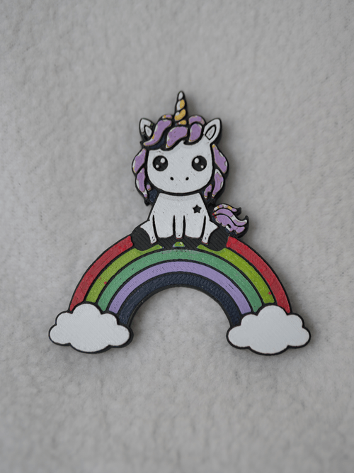 Einhorn auf Regenbogen Pinwandmagnet – 3D-gedruckt, 65mm, Coldfinger 3D