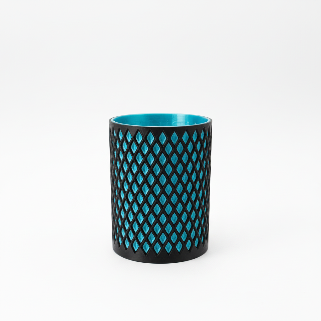 3D gedruckter Kerzenhalter mit Rautenmuster und türkis-blauem Inneren - Tageslicht Studio