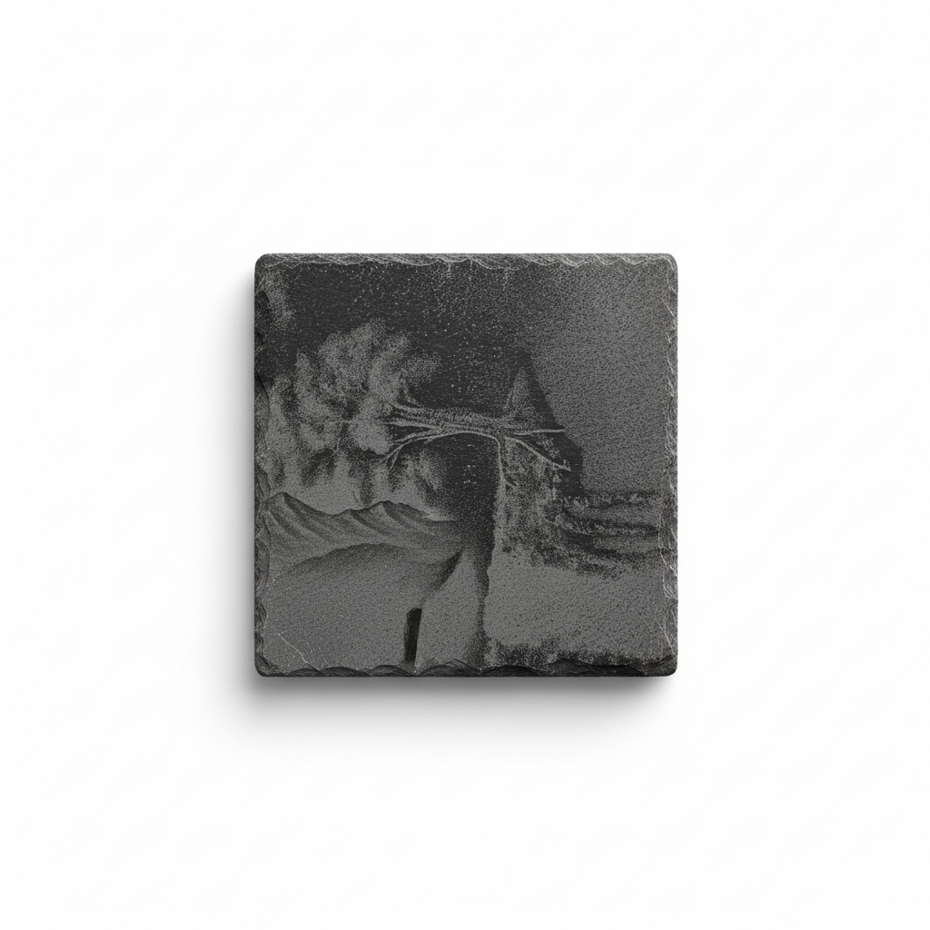 Schiefer-Untersetzer mit Baum und Wasserfall Lasergravur