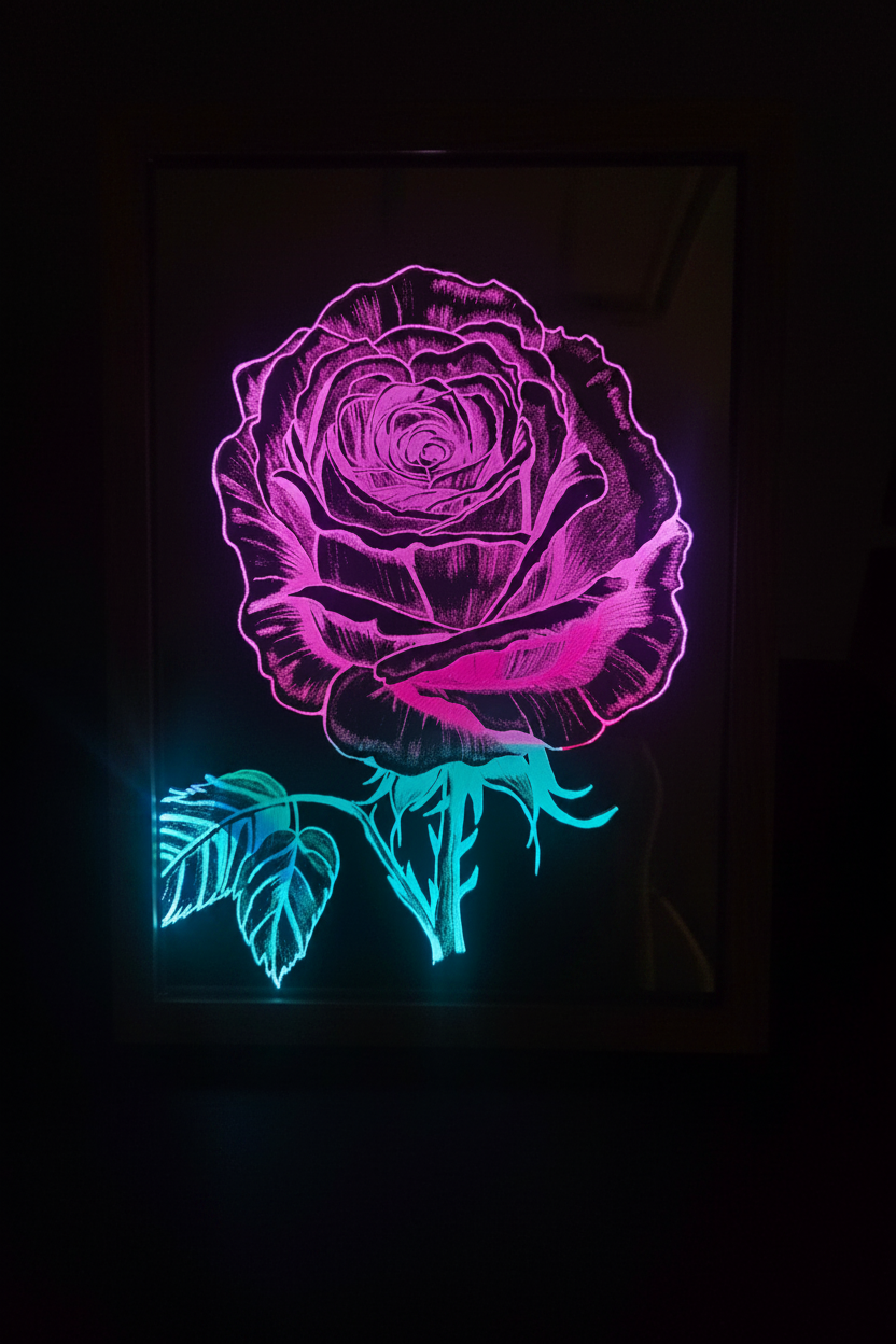 Spiegel Wandlampe mit leuchtendem Rosenmotiv, RGB LED pink und cyan, dunkler Hintergrund